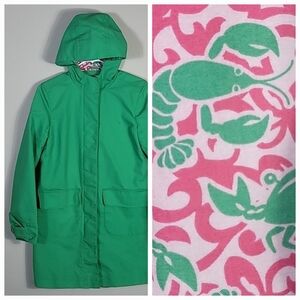 Vintage LL Bean Women Raincoat Size S Green Crab Print Zip Hooded Outdoor Jacket